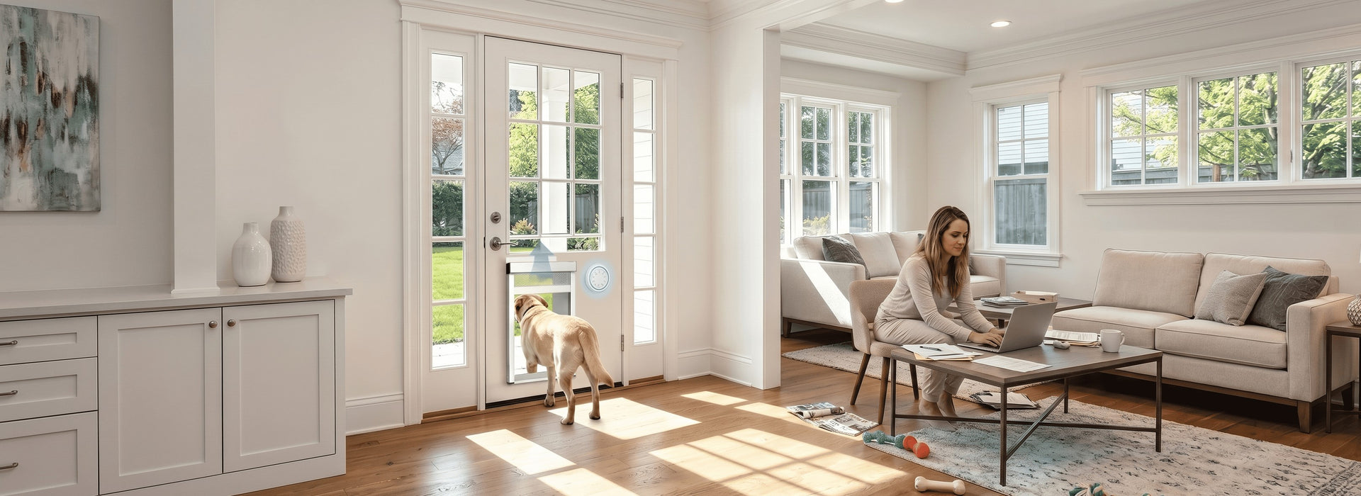 Woman sitting on a chair with a dog in a modern living room.