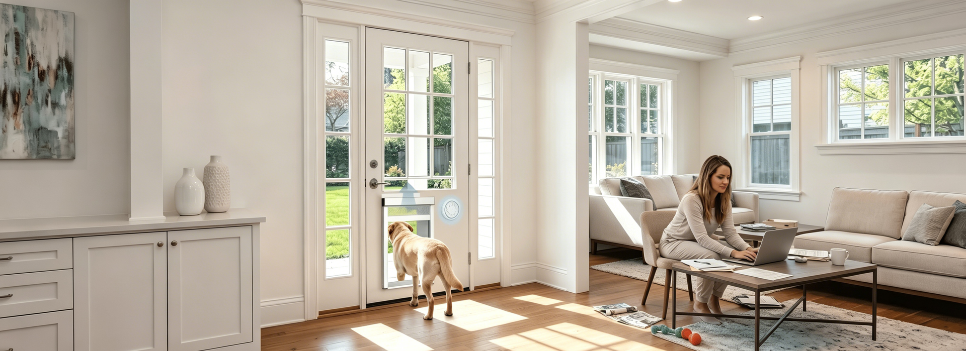 Woman sitting on a chair with a dog by a glass door in a dark living room.
