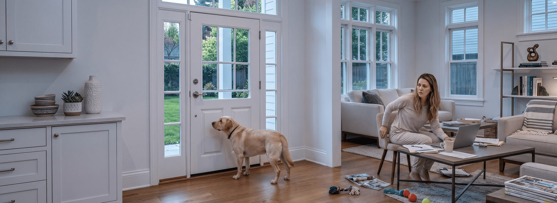 Woman sitting on a chair with a dog in a modern living room.
