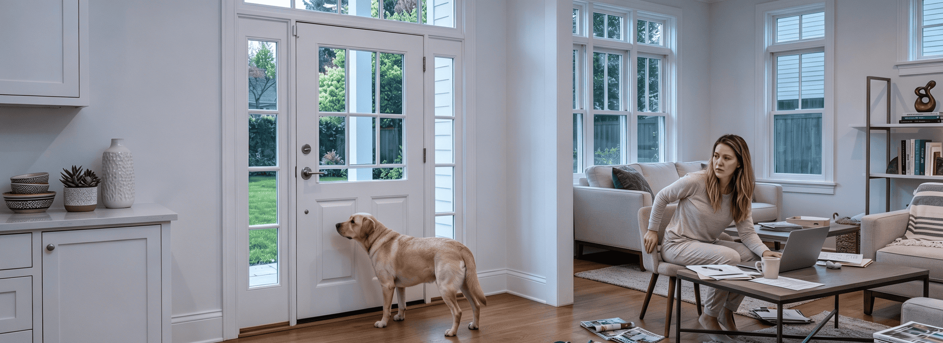 Woman sitting on a chair with a dog by a glass door in a dark living room.