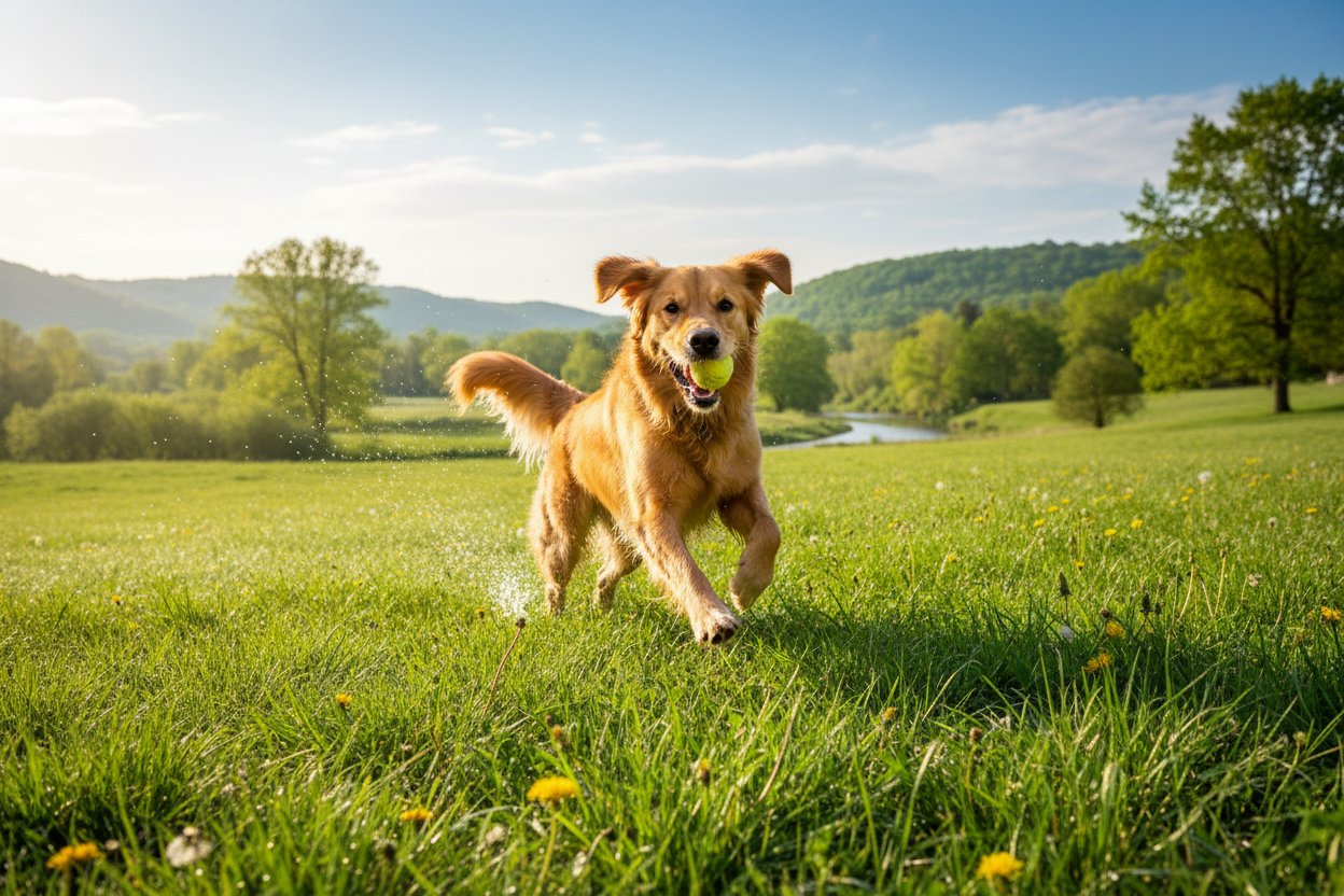 狗狗在草地上跑玩耍