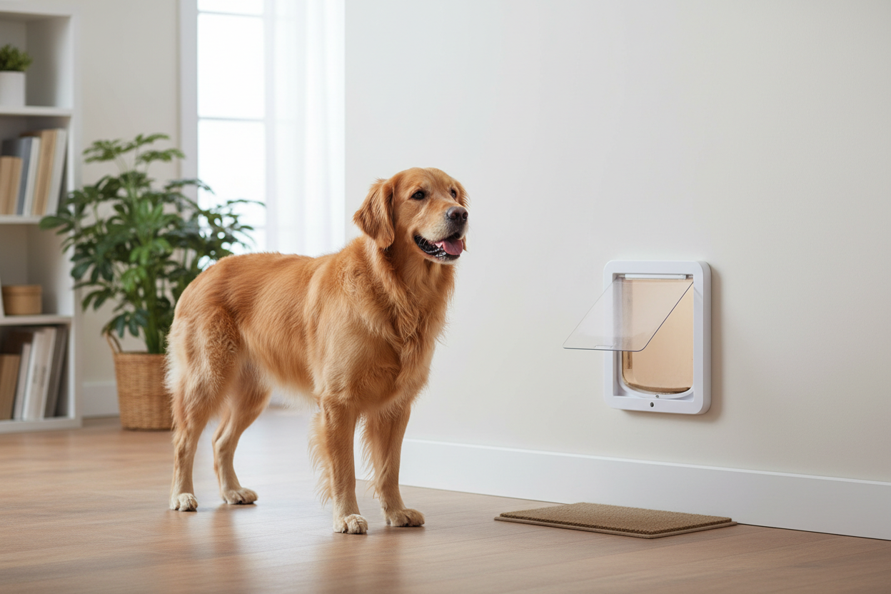 放在墙上的狗门，狗狗在室内