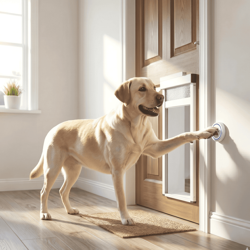 Dog using a pet door in a home setting