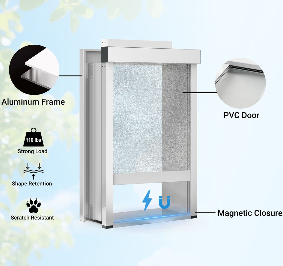 Diagram of a sliding screen door with labeled components on a light blue background.