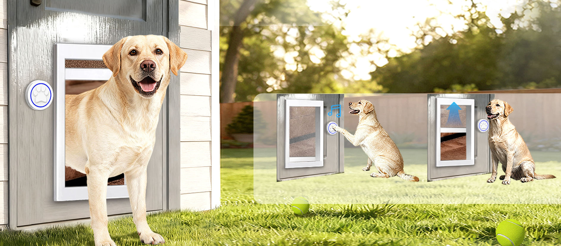 Dog using a pet door in a house with additional images of the pet door in use outdoors.