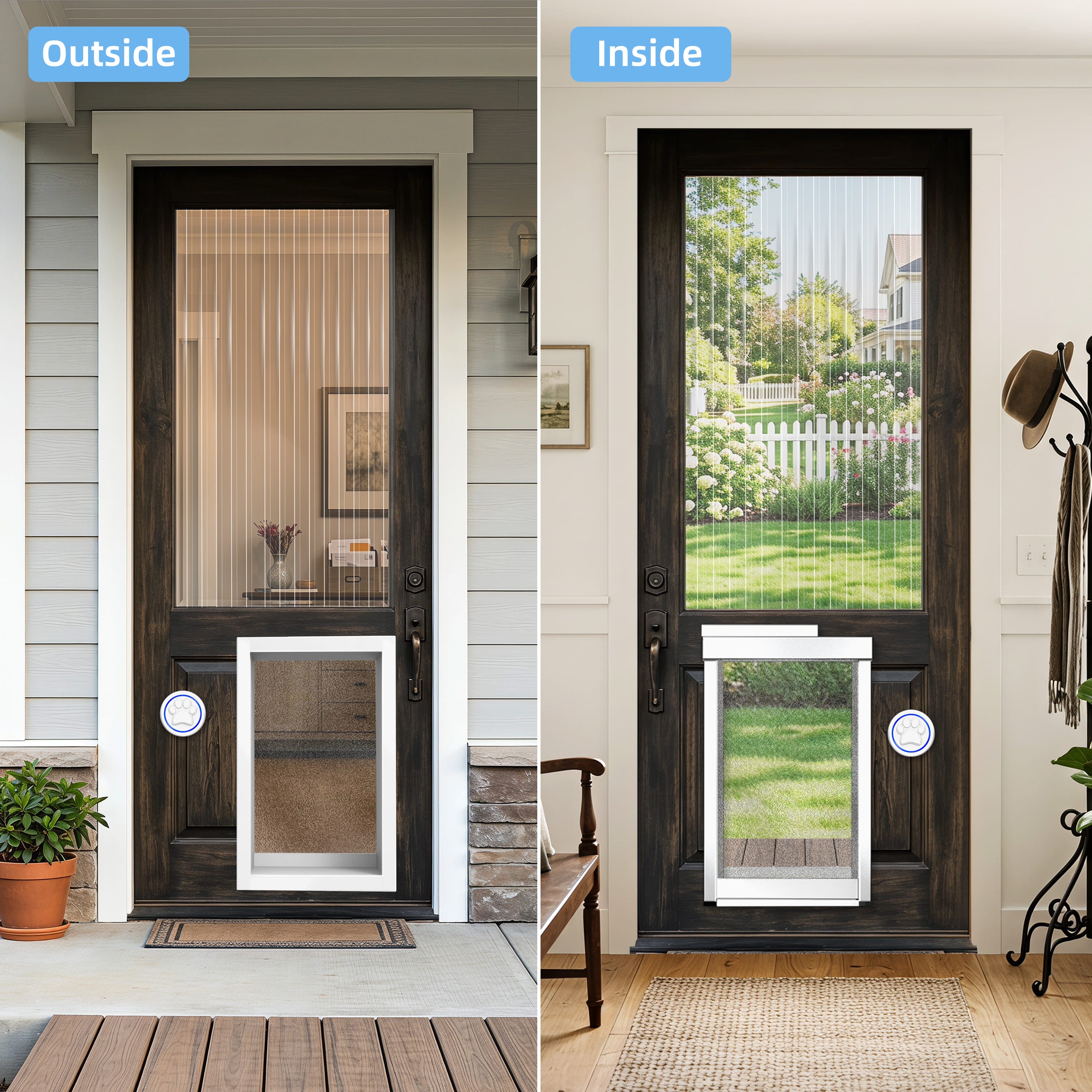 Automatic dog door installation viewed by door from inside and outside
