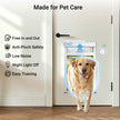 Dog using a pet door with features listed on the left.