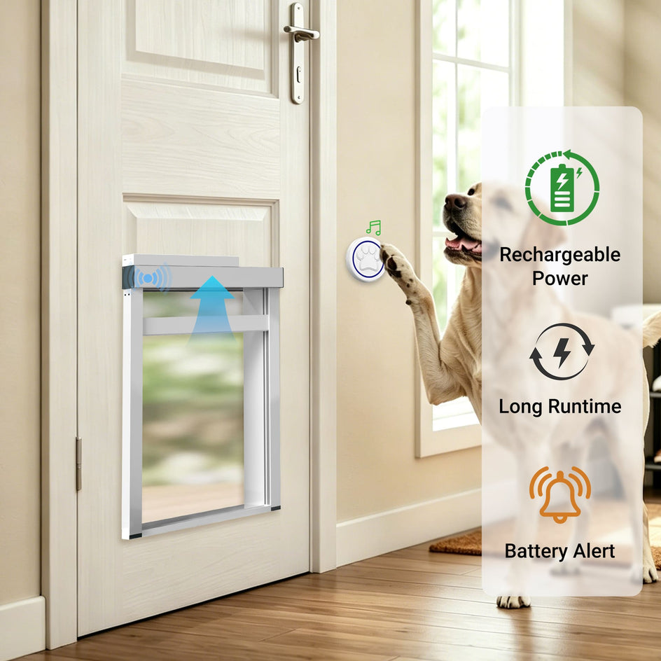 Dog using a pet door with features highlighted on the right side.