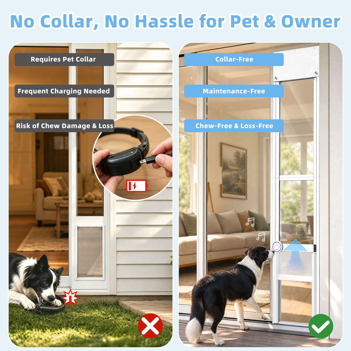 A promotional comparison graphic for a pet door. The left panel shows a dog at a regular door with text labels about collar requirements, frequent charging, and chew damage, plus a circular inset of a black pet collar.