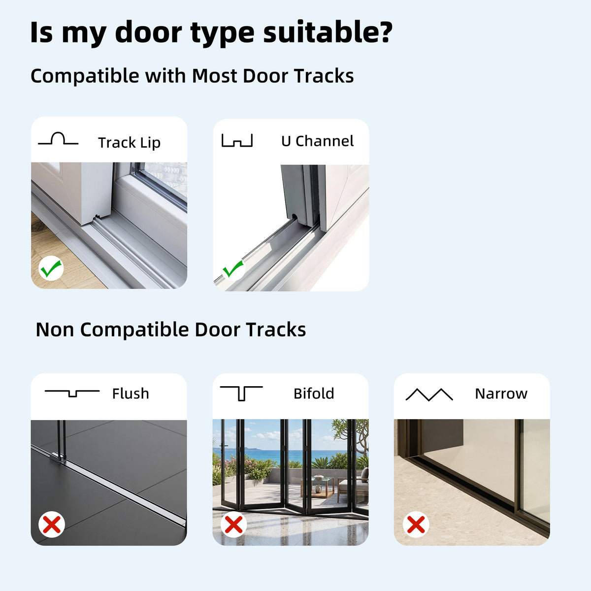 Compatibility guide for door tracks showing compatible track lip and U channel versus incompatible flush, bifold, and narrow tracks.