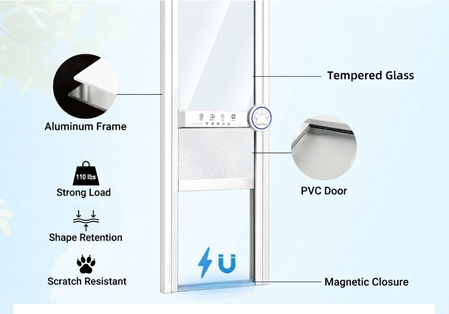 A white aluminum sliding glass door with callout labels pointing to its features, including tempered glass, aluminum frame, PVC door, magnetic closure, and impact-resistant properties, on a light blue background.
