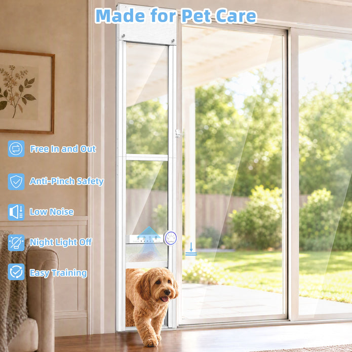A pet door installed in a sliding glass door, with a small golden dog standing outside looking inside. The image includes marketing text and feature icons for pet care benefits like free entry and exit, anti-pinch safety, low noise, night light off, and easy training.