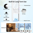 An informational product graphic for a screened patio door with callouts reading 'Built for Long-Term Use,' showing a tempered glass door, aluminum frame, PVC door, magnetic closure, and weatherproof benefits. The top half is a light blue feature diagram, and the bottom half shows a dog sleeping by a window in a cozy room and a snowy outdoor scene.