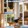 A four-panel collage showing dogs using a white indoor-outdoor sliding glass door in different times of day. The top-left panel shows a golden retriever at night with a text label 'Night - Yard Potty & Play'.
