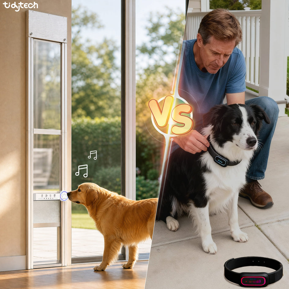 A split comparison showing a smart pet door: on the left, a golden retriever stands in a house while a black dog sits on a porch outside, both wearing smart collars. A glowing 'vs' graphic separates the two scenes, with a small product close-up of the collar at bottom right.