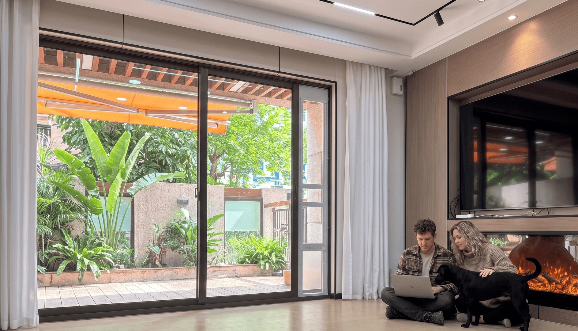 Two people sitting on the floor with a laptop and a dog, in a modern living room with large windows.