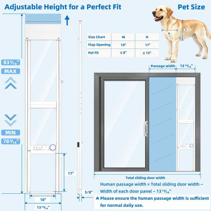 Installation and sizing diagram for a sliding glass door with a pet gate, showing dimensions, a size chart table, and a golden retriever illustration indicating pet size measurements.
