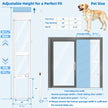Installation and sizing diagram for a sliding glass door with a pet gate, showing dimensions, a size chart table, and a golden retriever illustration indicating pet size measurements.