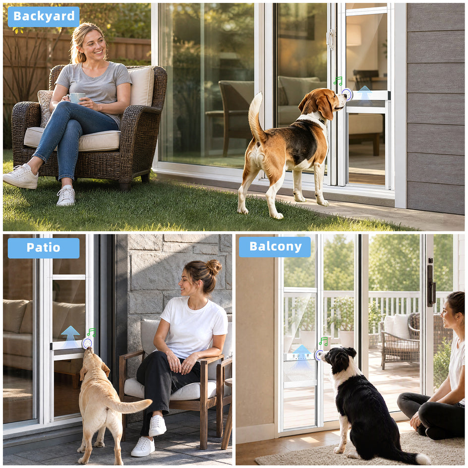 A woman relaxes in a brown leather armchair next to a large sliding glass door, while a golden retriever dog stands on a patterned area rug inside the room. Outside, another dog plays on a green backyard lawn.