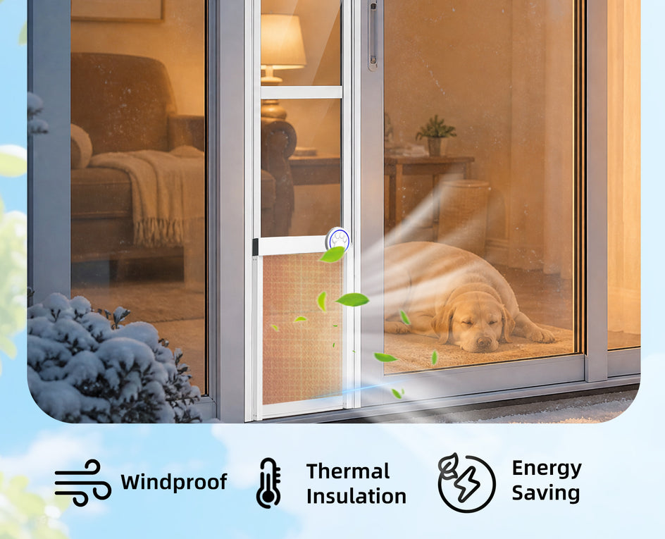 A dog screen door with a dog visible behind it, shown in a home setting with feature callouts for windproof, thermal insulation, and energy saving.
