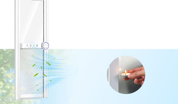 A slim white-framed glass door or window panel with a circular blue control button, shown on a light blue background with airflow graphics and a circular inset demonstrating a hand holding a small flame near it.