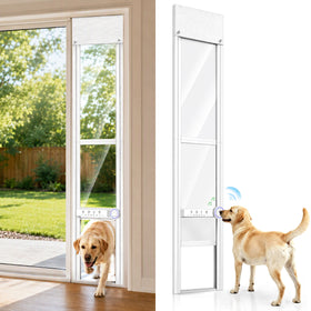 A dog door entry/exit system shown installed in a sliding glass door with a yellow Labrador retriever walking through it, plus a standalone view of the white frame and mesh panel with the same dog standing beside it on a white background.