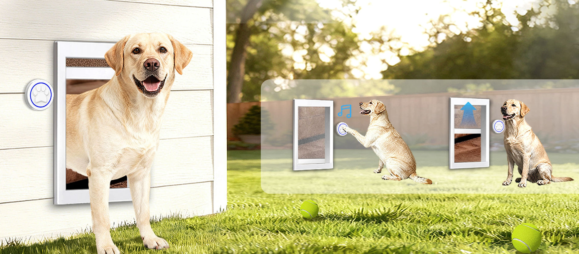 Dog using a pet door in a house and outdoors with grass and trees.