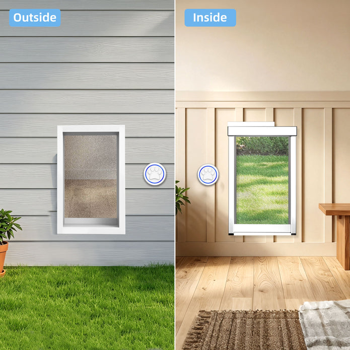 Automatic dog door installation viewed by wall from inside and outside