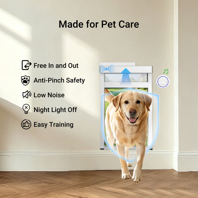 Dog using a pet door with features listed on a white wall.