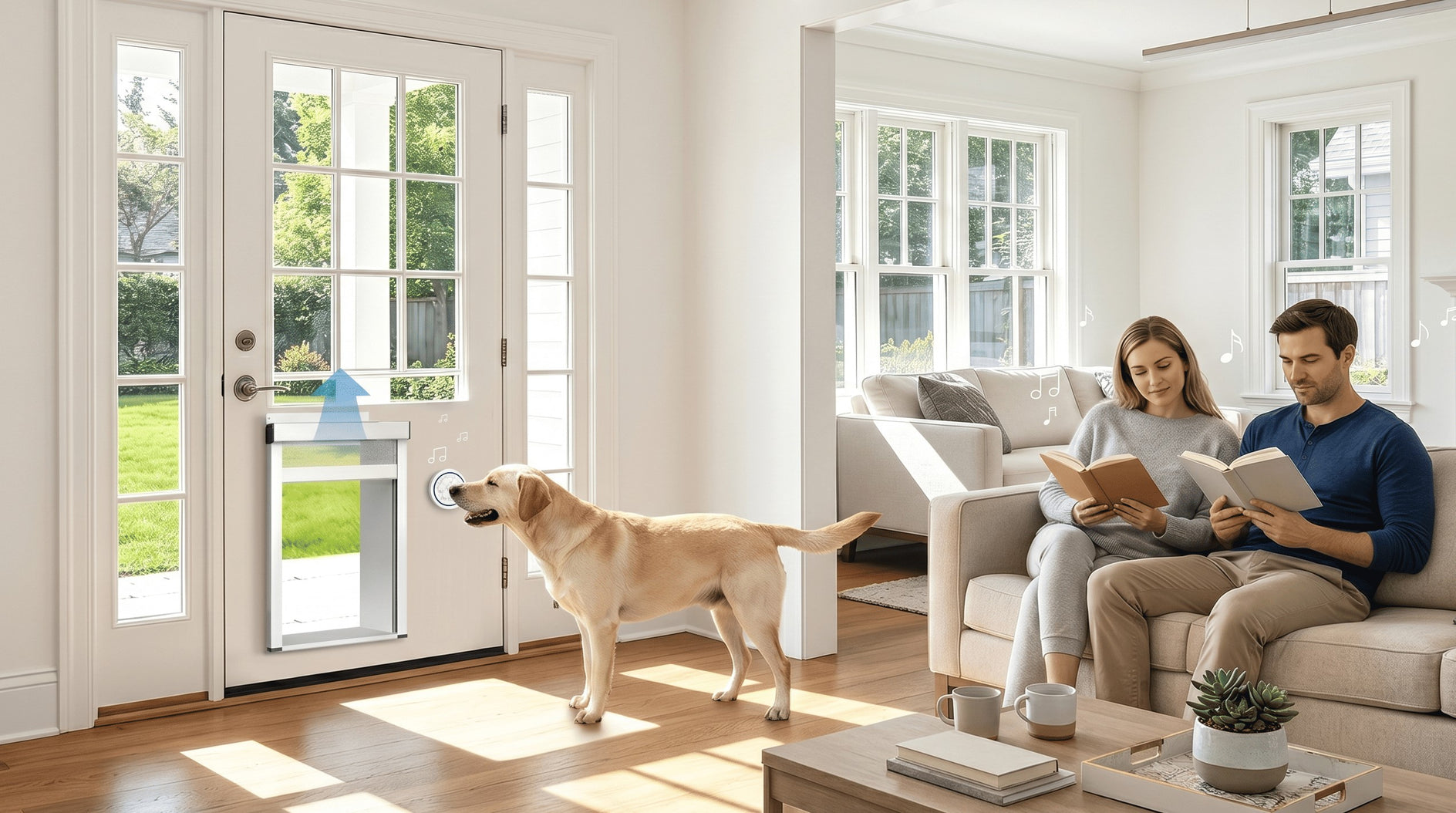 Man and woman reading on a couch with a dog looking through a glass door.