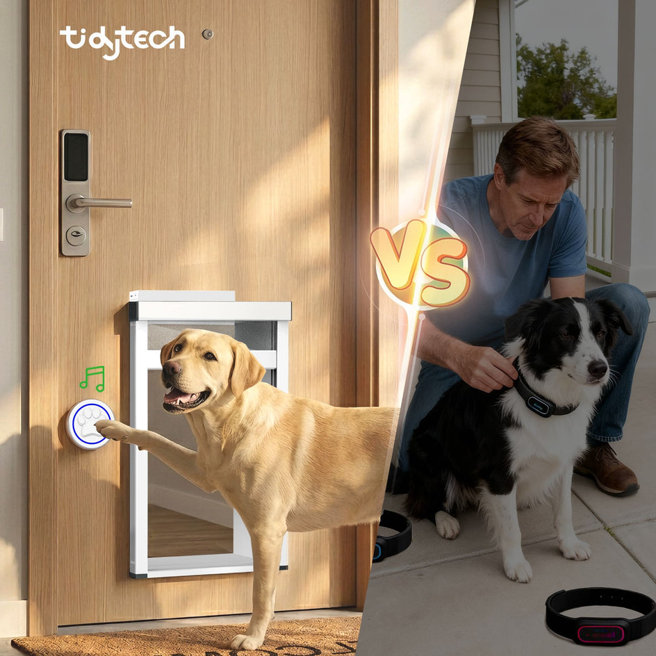 Dog using a Tidytech pet door with a man sitting on a porch with two dogs.