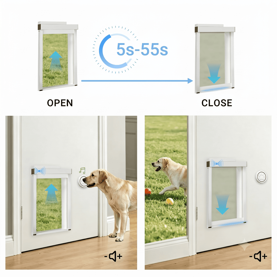 Pet door with animated sequence showing open and close functions, featuring a dog using the pet door.