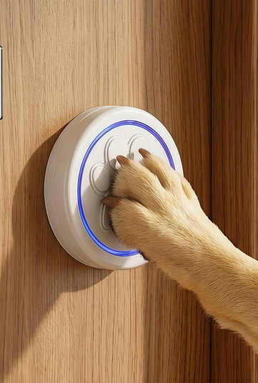 Dog paw pressing a white electronic device on a wooden door