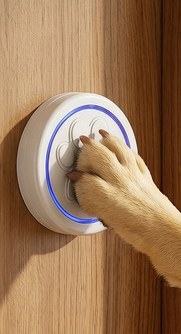Dog paw pressing a white electronic device on a wooden door