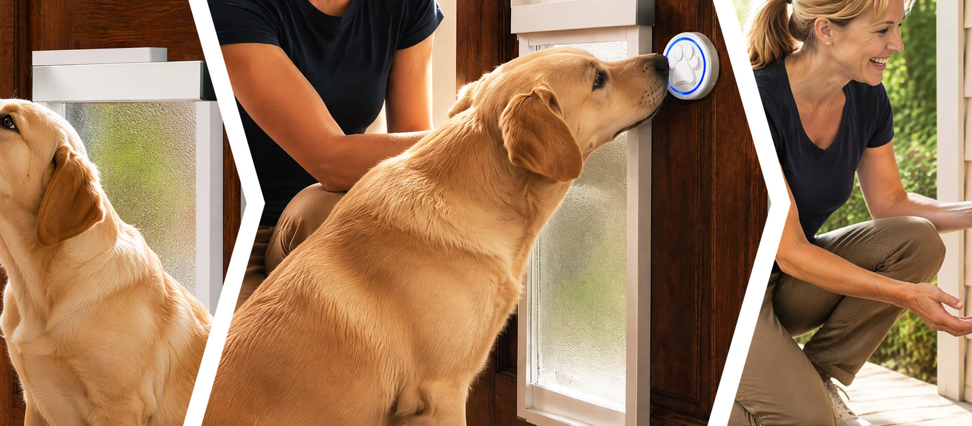 A three-panel collage showing a golden retriever interacting with a white pet door and a woman opening the door for the dog. The dog is seen sniffing and entering the door, with a woman reaching out to pet it.