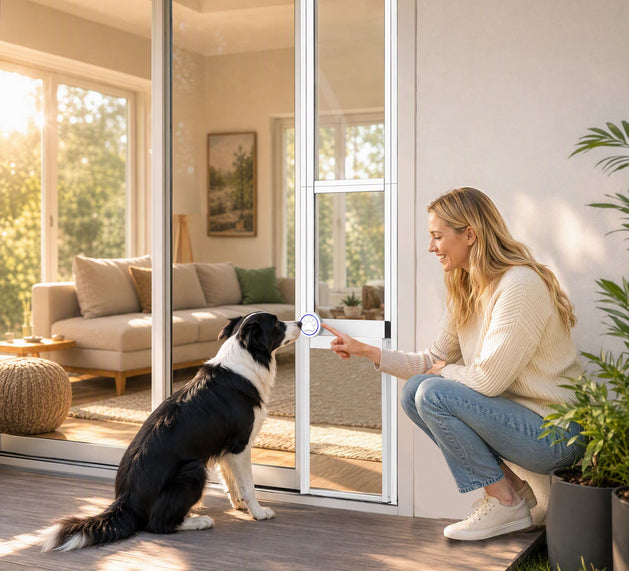 A woman crouches beside a glass patio door while a black-and-white dog sits nearby, demonstrating a smart pet door or door-lock interaction in a bright, modern living space.