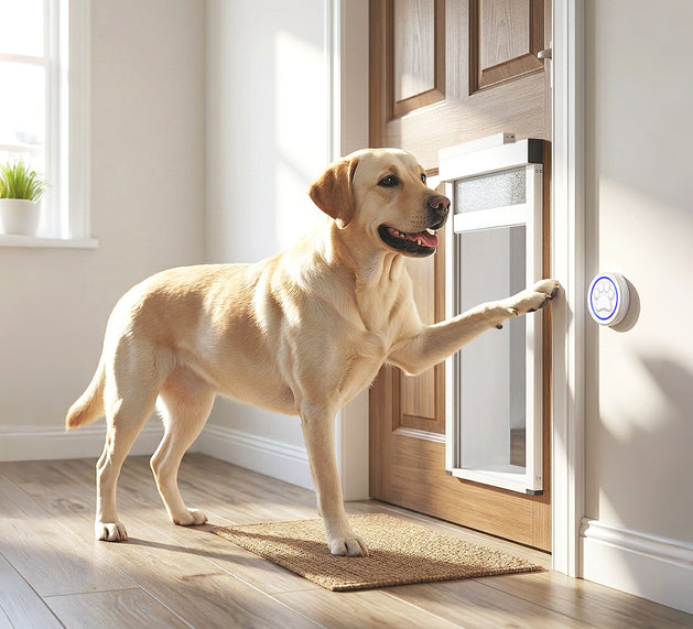 Dog using a pet door in a home setting