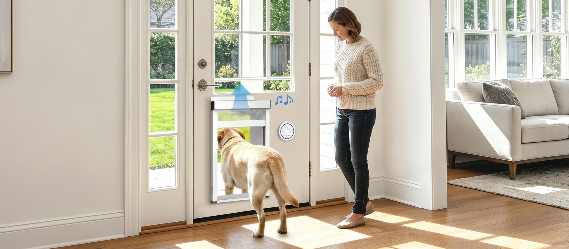 Woman with a dog standing by a glass door in a bright living room.