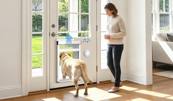 Woman with a dog standing by a glass door in a bright living room.