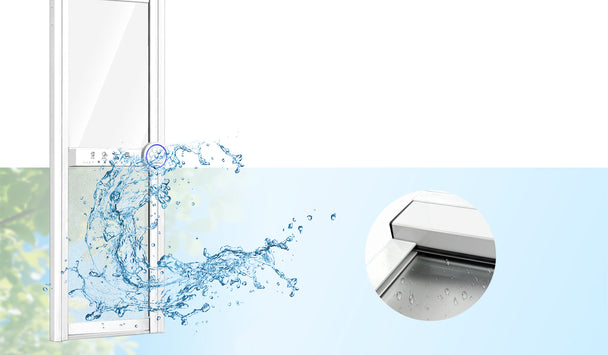 A white-framed glass door or window panel shown on a clean light background, with a large blue water splash graphic at the left side and a circular inset close-up of the lower edge showing water droplets. No person, animal, or real environment is present, so this is Product/Packaging rather than Lifestyle.