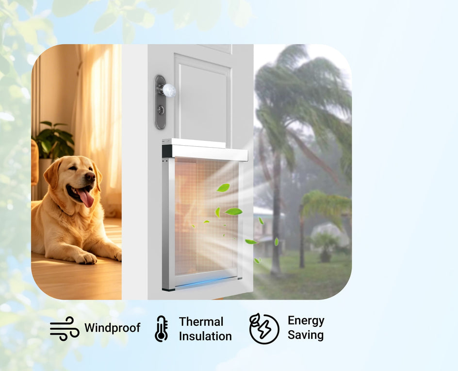 Dog door with outdoor and indoor scenes, featuring windproof, thermal insulation, and energy saving icons.