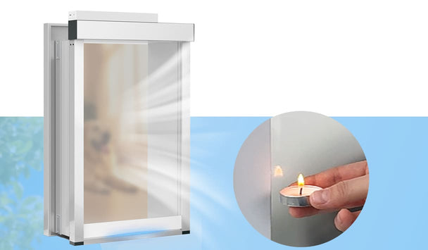 Wall-mounted outdoor light fixture with a close-up of a hand holding a lit candle.