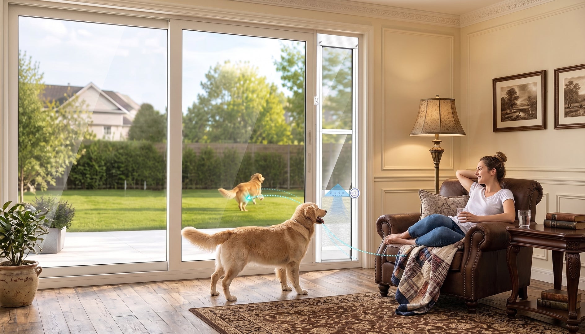 A woman relaxes in a brown leather armchair next to a large sliding glass door, while a golden retriever dog stands on a patterned area rug inside the room. Outside, another dog plays on a green backyard lawn.