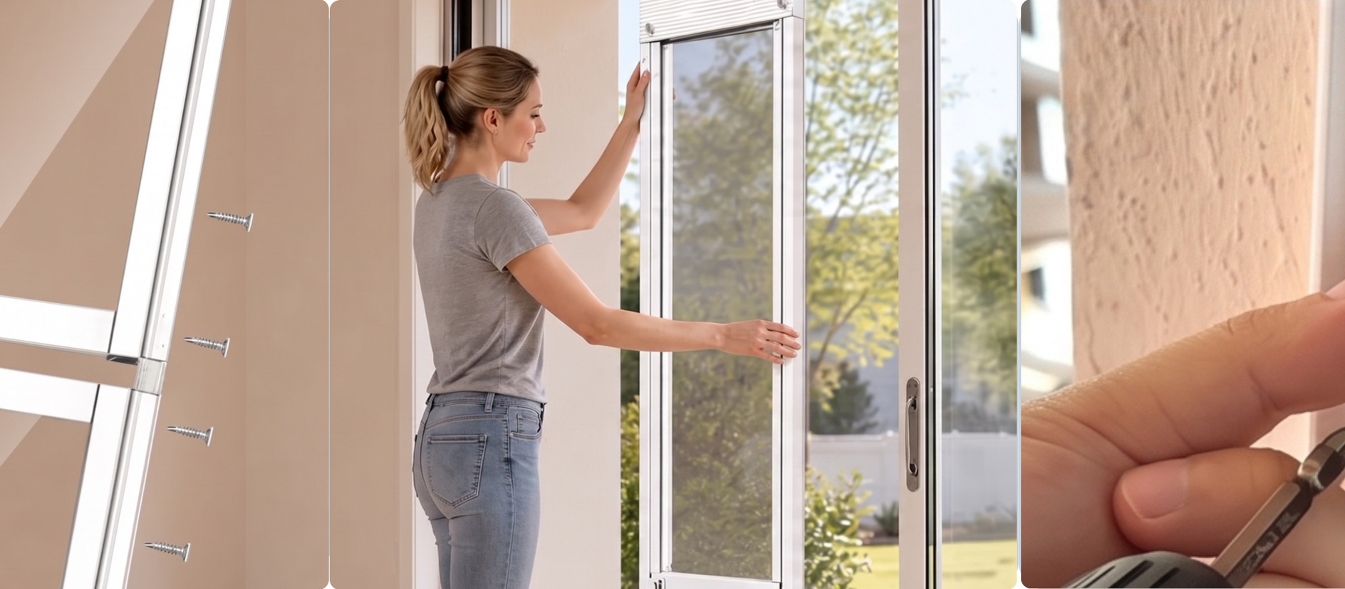 A woman with her hair in a ponytail is shown from the side, opening a white-framed window. She is wearing a gray t-shirt and standing in a room with beige walls.