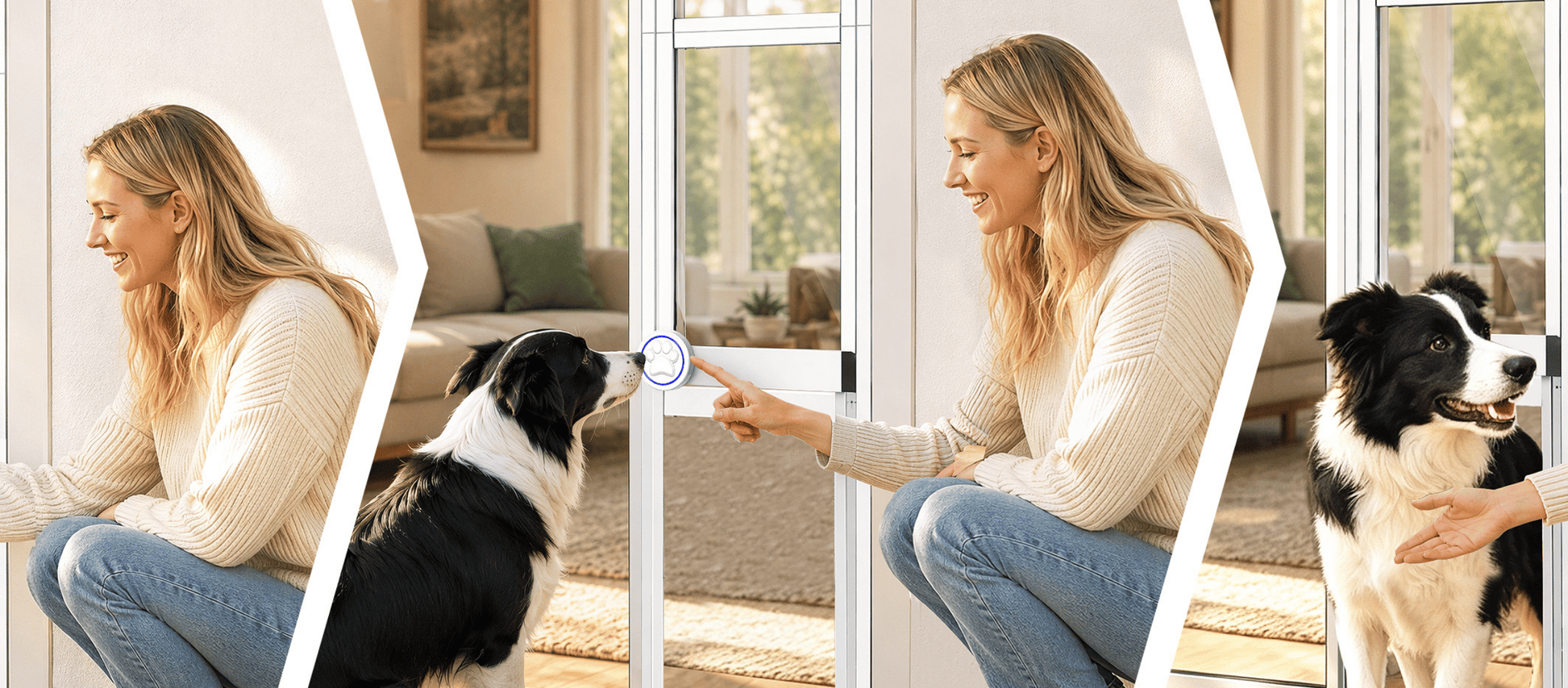 A four-panel lifestyle demonstration showing a woman with a black and white dog interacting with a smart pet door lock. In each panel, she is kneeling by a glass door, and the dog is on the other side.
