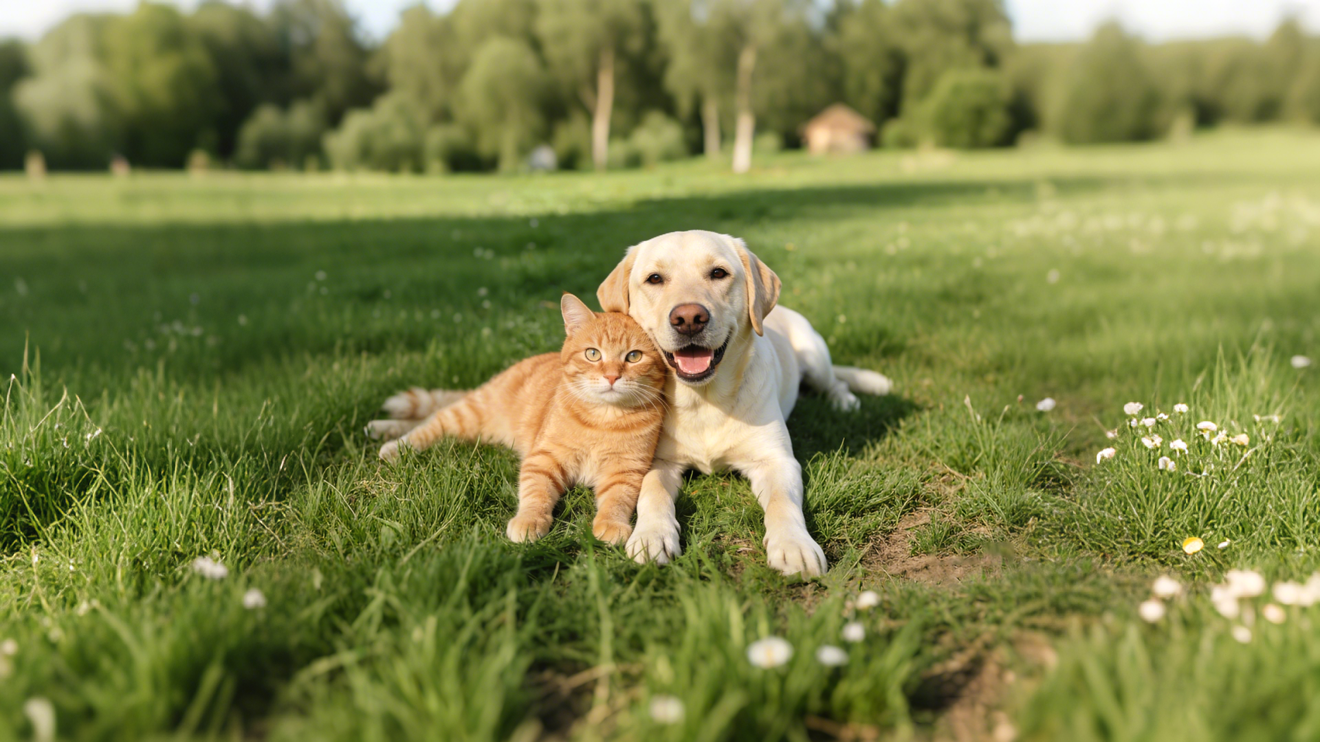 Cat and dog lying on a grassy field with trees in the background