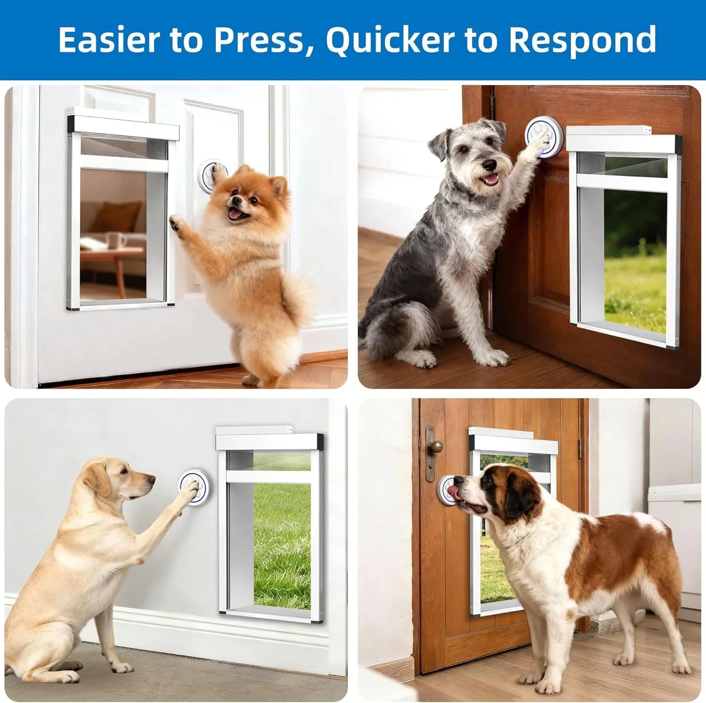 Dogs using smart pet door with easy press button for quick access through doors