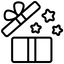 Black outline of an open gift box with a bow and stars on a white background