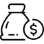 Icon of a money bag with a dollar sign next to a balance scale