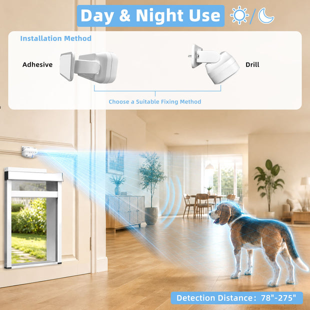 Dog door sensor shown installed on a doorway in a home interior, with a dog standing inside the room. The top section includes an installation-method diagram labeled adhesive and drill, plus text stating Day & Night Use and detection distance 78"-275".